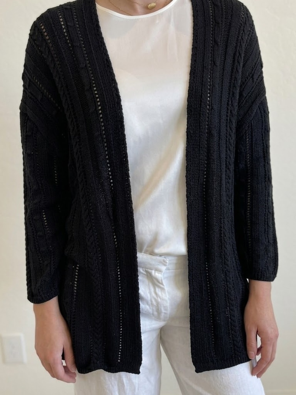 Cotton by Autumn Cashmere Black Pointelle Open Knit Cardigan Sweater - XS